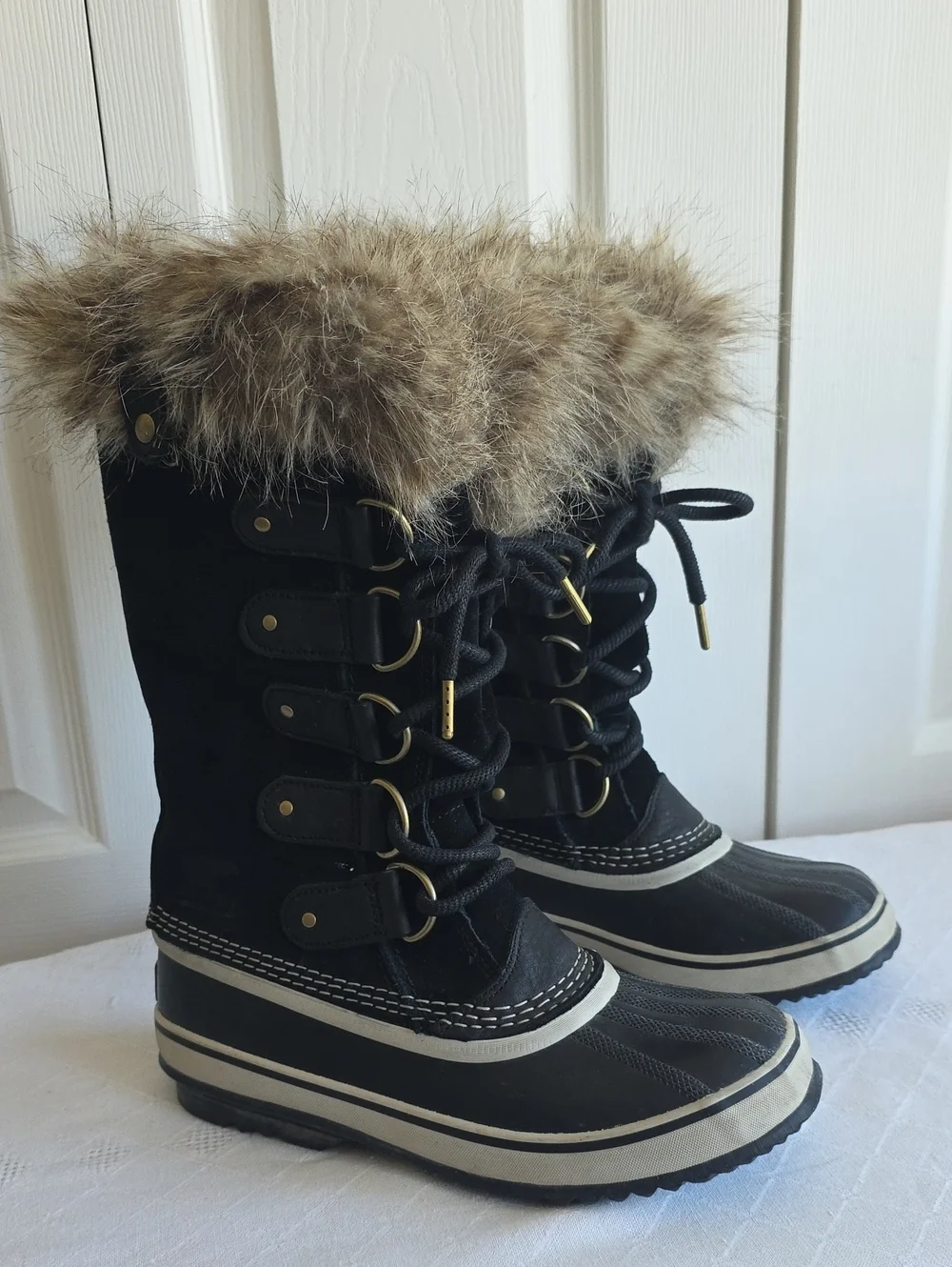 Sorel Joan Of Arctic Waterproof Black Winter Lace-Up Boots Faux Fur Trim Size 8